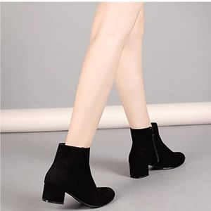 Suede Leather Low Mid Block Heel Ankle Booties